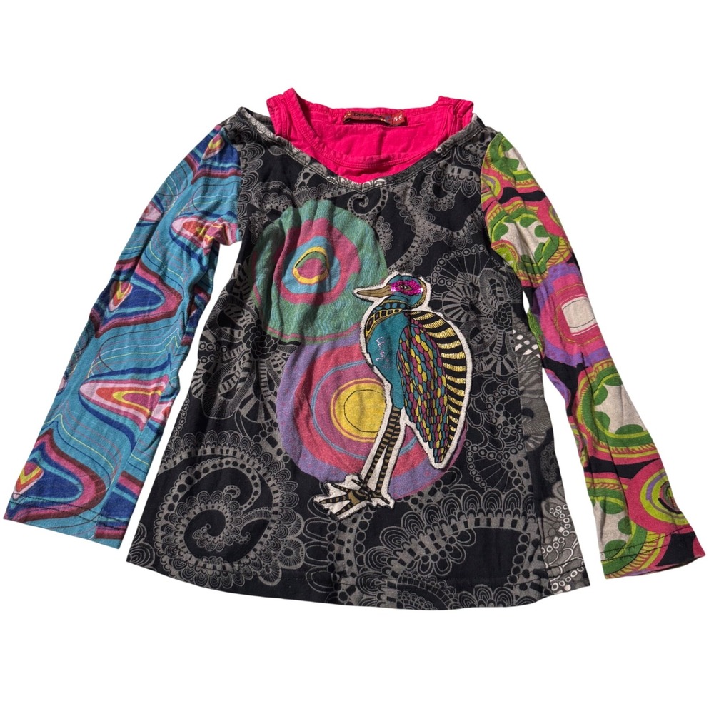 Y2K style Desigual Funky Pattern bird tank long sleeve layer girls shirt 5-6y